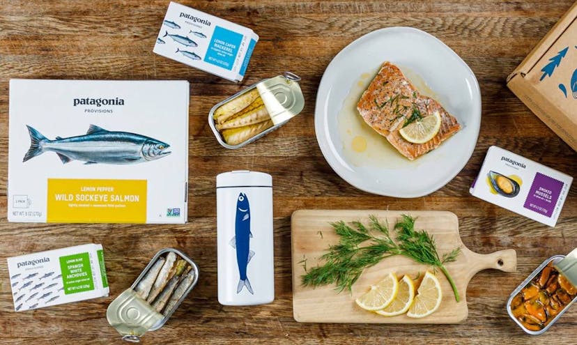 An assortment of food items on a wood board, including sardines, mussels, and salmon, branded Patagonia Provisions.