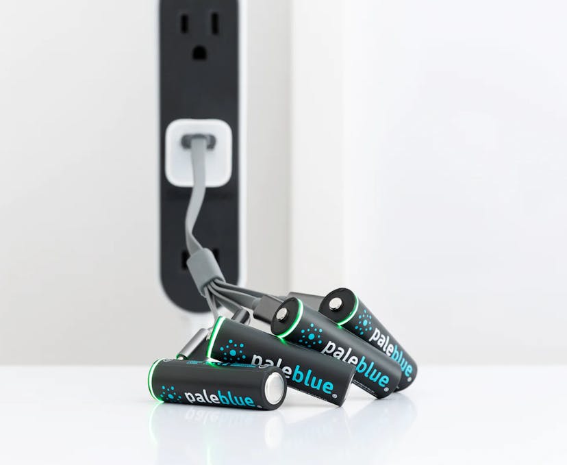 Four black AA batteries with the brand name “paleblue” are charging on a micro-USB charger.