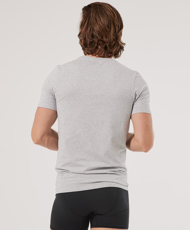 Man facing away from the camera wearing Pact boxer briefs and a t-shirt