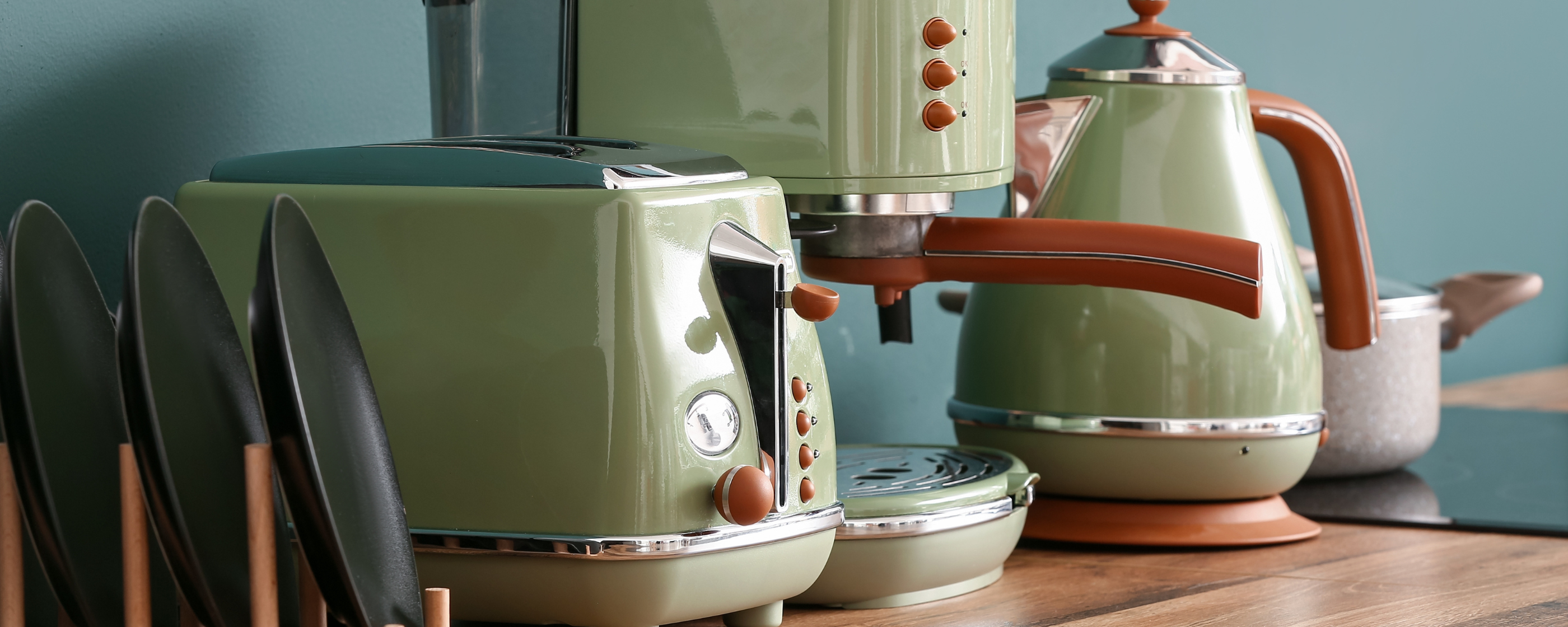 Matching kitchen home appliances on a countertop.