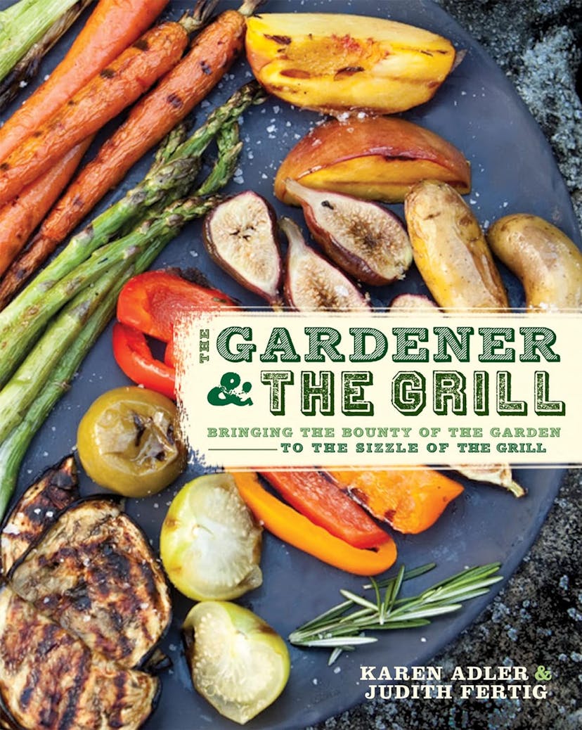 A cookbook cover featuring a number of grilled vegetables on the cover, with the title The Gardener & the Grill.