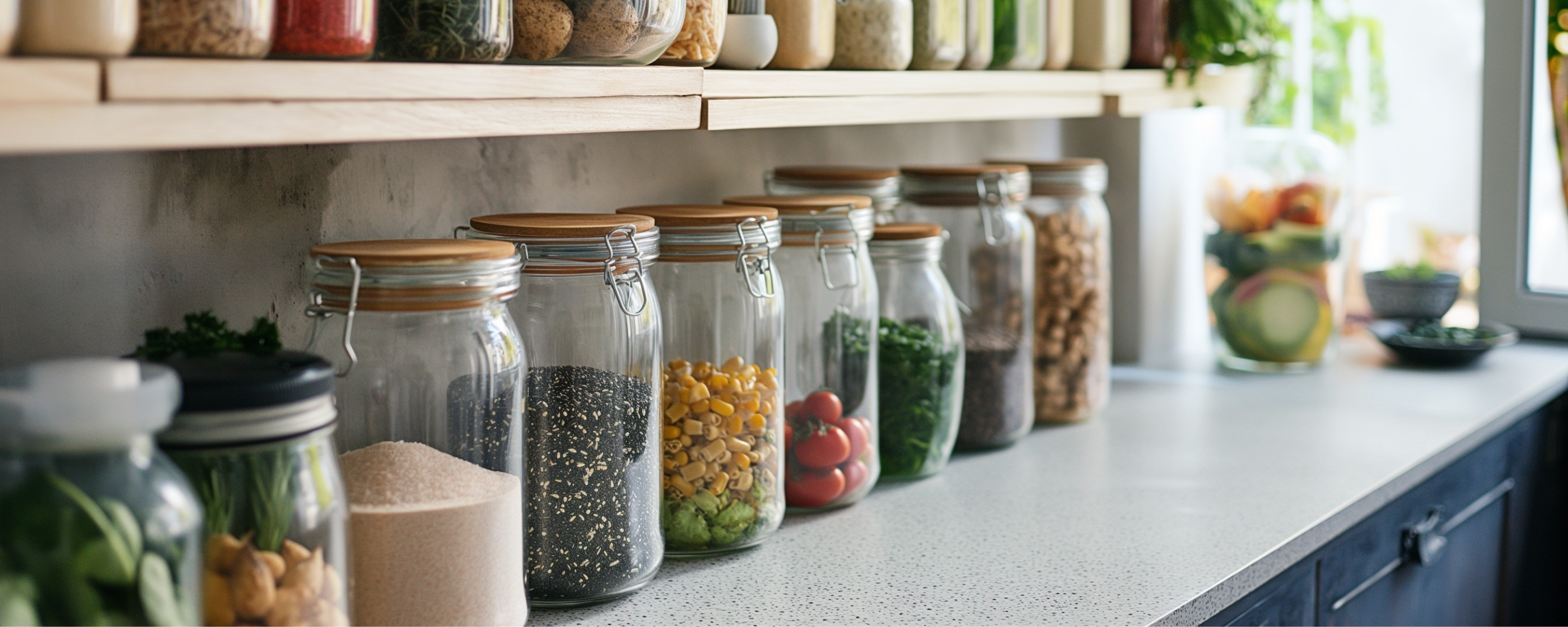 A pantry filled with bulk foods in glass jars.