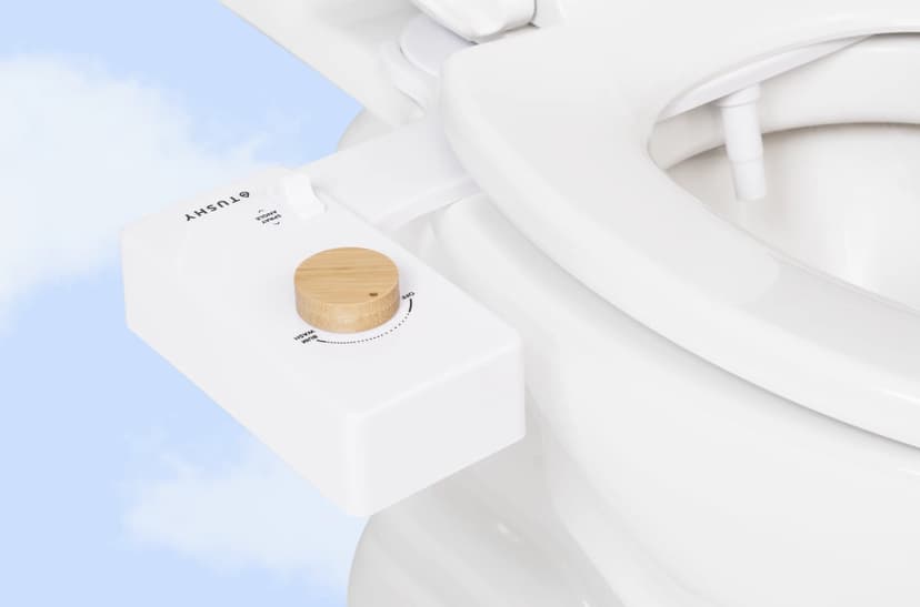 A close up on a clean white toilet seat with a small bidet attachment with the brand name Tushy on the side of the toilet, with a bamboo knob to turn on the water.