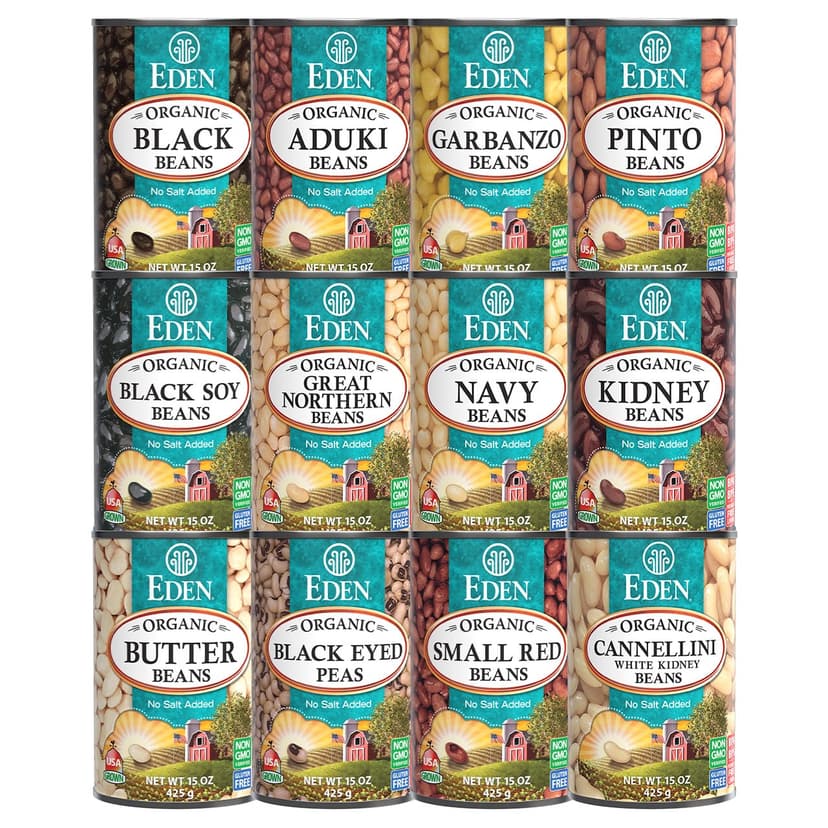 A variety of cans of beans from Eden Foods.