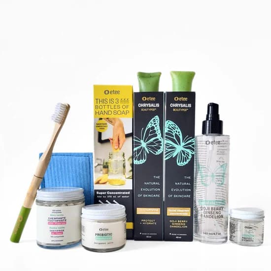 An assortment of sustainable cosmetic and dental care products.