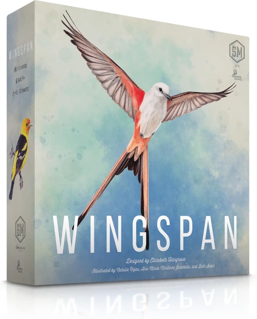 A light blue box with an illustrated bird on it and the word Wingspan.