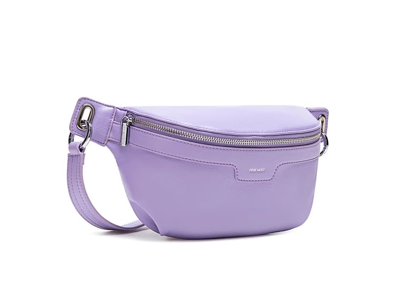A lavender crossbody or belt bag with silver branding that reads Pixie Mood.