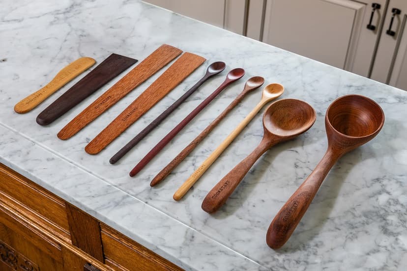 Wooden cooking utensils in different colors of wood laid out on a white marble countertop.