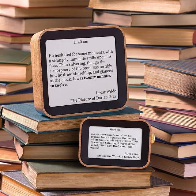 Digital clock displaying the time using literary quotes that mention the current hour, shown on a sleek rectangular screen with a minimal black frame.