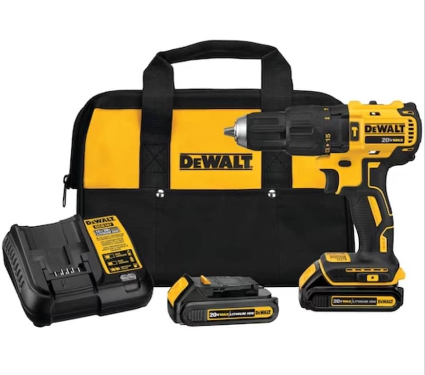 The 20 volt Compact Cordless Drill and Driver Kit from Dewalt, which comes with a yellow and black bag as well as a battery charger and battery.