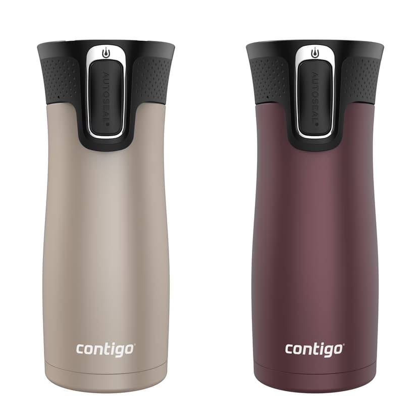 Two travel mugs in light and dark brown, with the brand name Contigo.