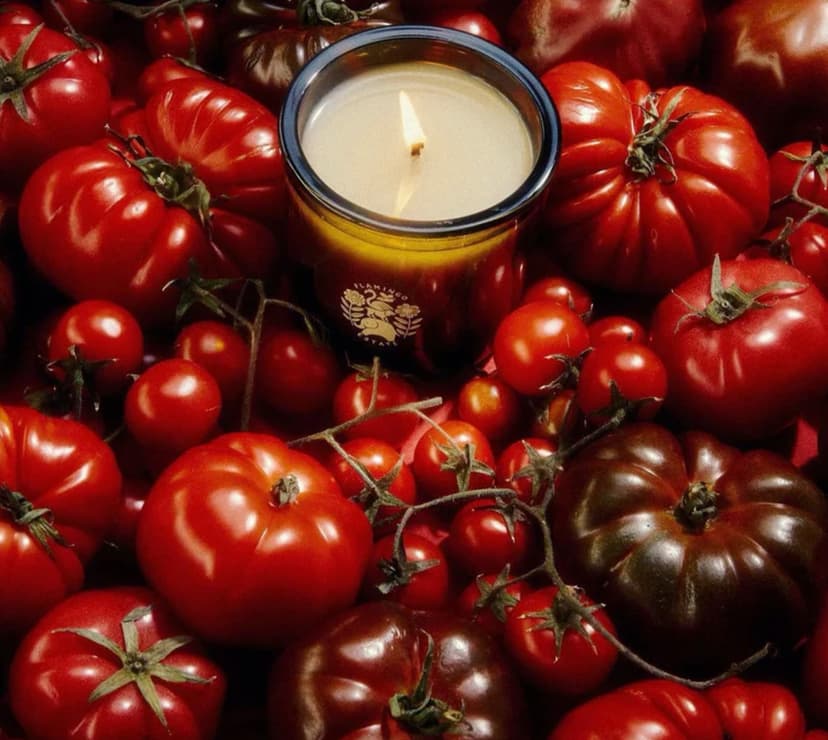 A candle surrounded by red tomatoes